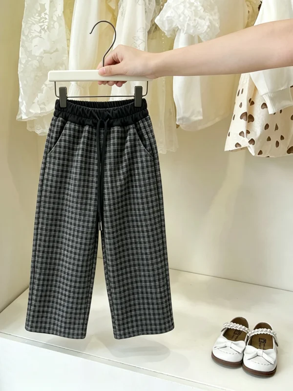 Girls Plaid Straight Leg Pants High Waist Loose Casual Trousers Autumn Fashionable Base Layer Pants Korean Style Long Pants