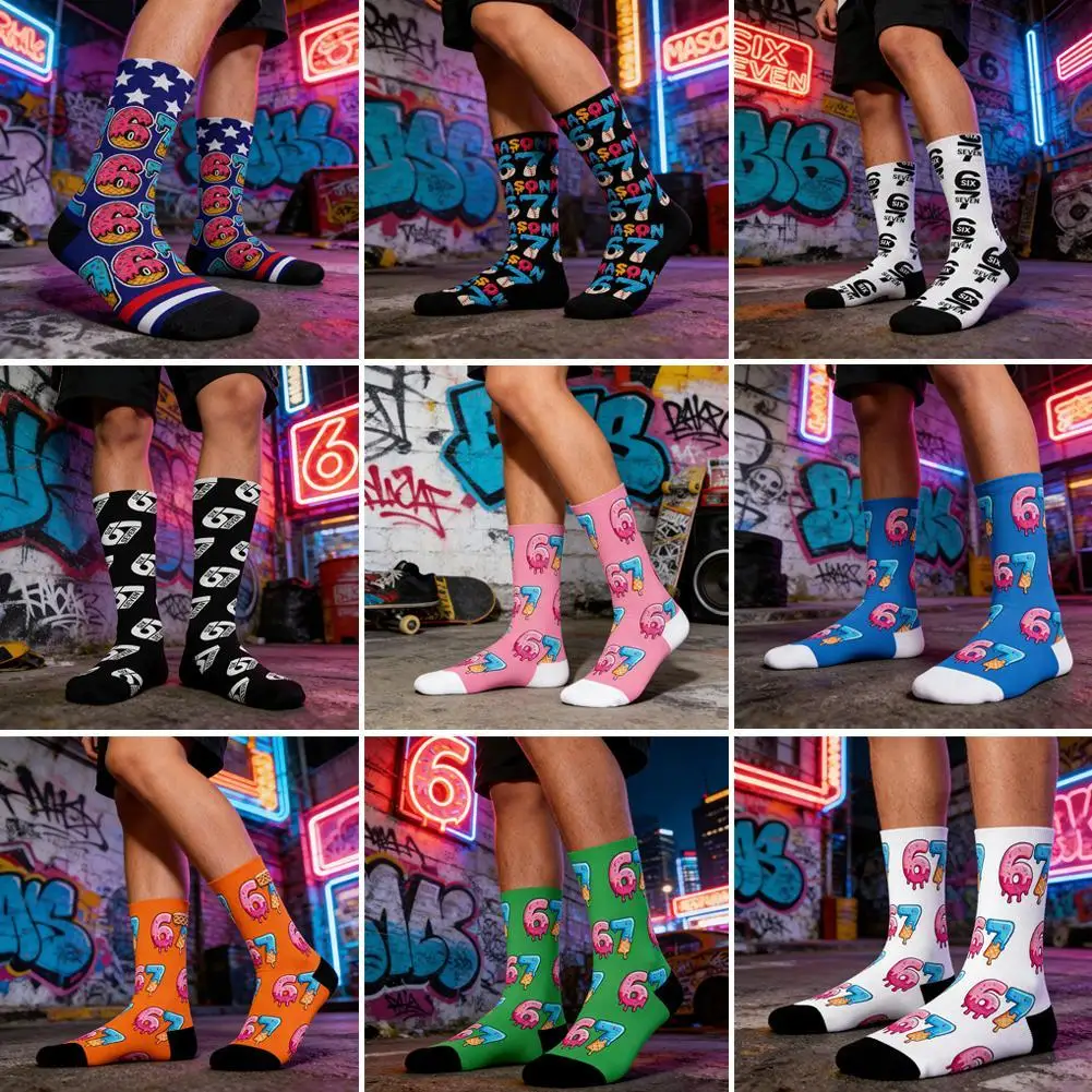 

67 носков, повседневные носки с принтом граффити, носки средней длины для мужчин, модные дышащие и повседневные носки