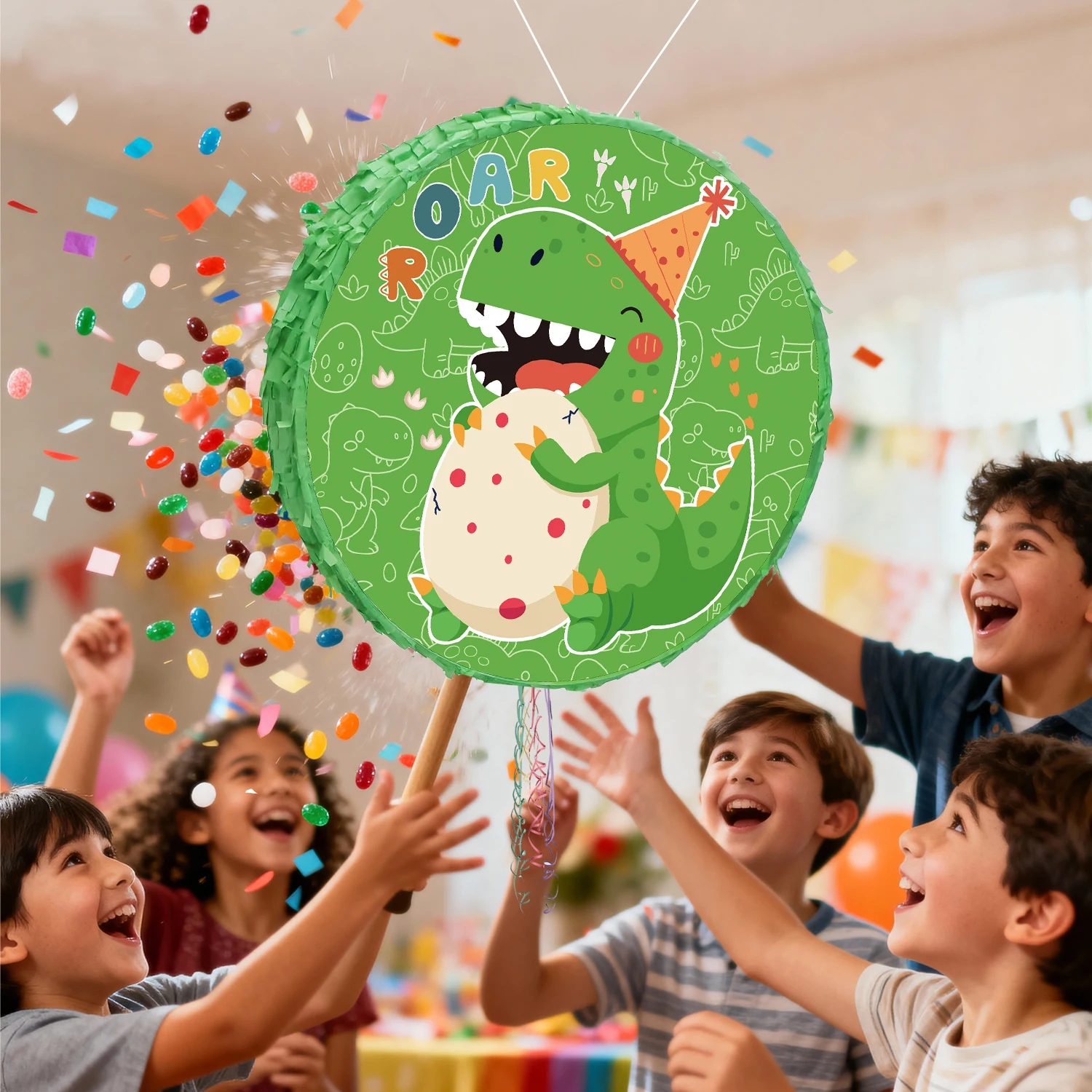4 In 1 Dinosaur Round Piñata Bundle - 17.58'' Dinosaur Piñata Blindfold&Dino Pinata Stick Etc Dinosaur Party Favors Decorations
