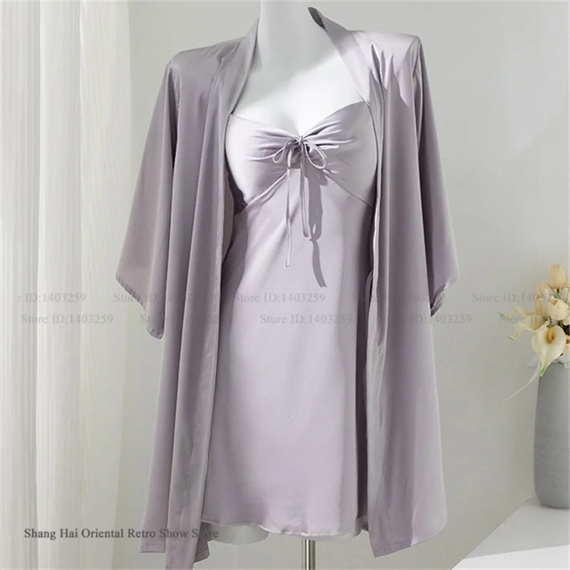 Female 2PCS Robe Nightgown Set Pajama Sexy Suspender Nightdress Lingerie Summer Kimono Bathrobe Gown Rayon Homewear Lounge Wear