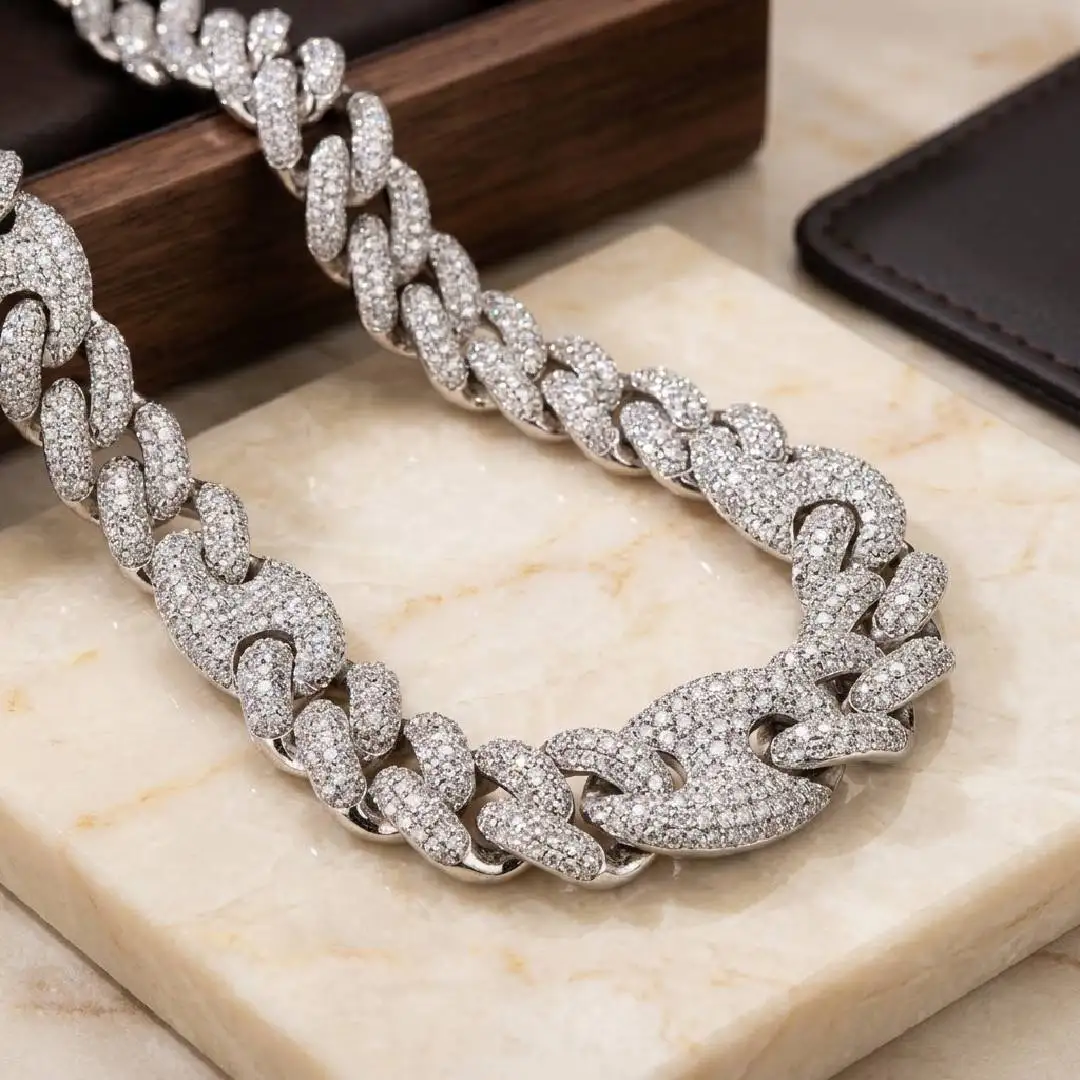 Cuban Link .Luxury Chain Moissanite Diamond Necklace 925 Silver Hip Hop Iced Out Chain Mens Jewelry Available for sale