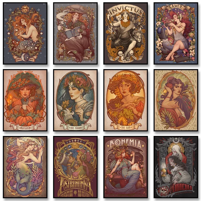 (No frame)THE SUN Art Nouveau Tarot Poster Nouveau Art Print Vintage Canvas Painting Bathroom Wall Art Picture for Home Decor