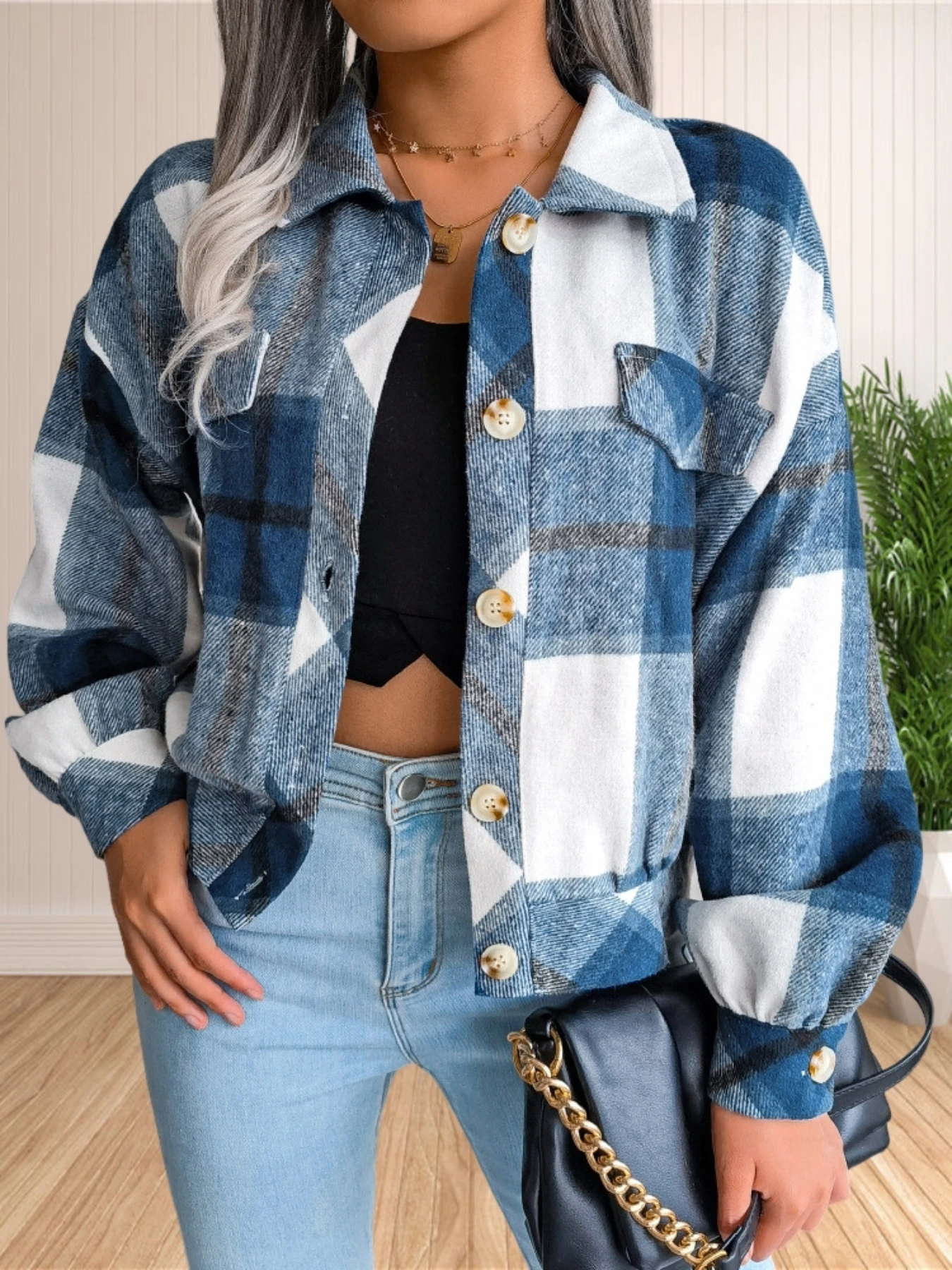 Womens Fashion Crop Button Down Flannel Plaid Shirt Shacket Jacket Top Coat