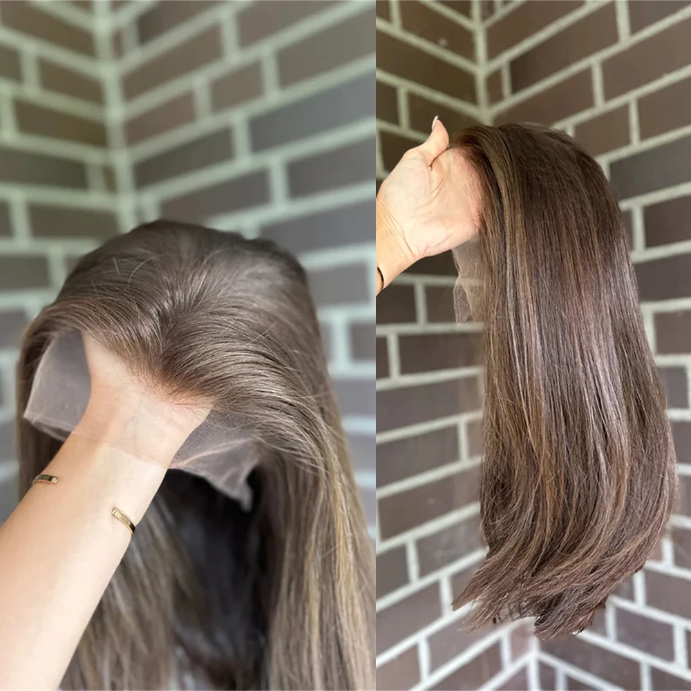 

Теплый среднебурый парик с солнечными прядями, без клея, высококачественный, длинный прямой парик-каре, 13x4, с кружевной передней частью, для женщин