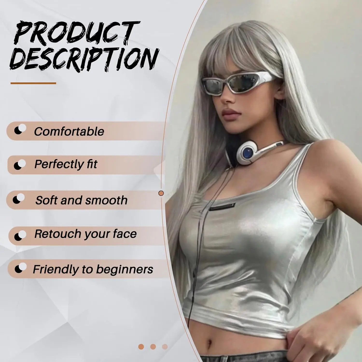 Peluca sintética plateada y blanca, flequillo recto naturalmente largo en la parte media de las mujeres, tocado resistente al calor para uso diario en fiestas