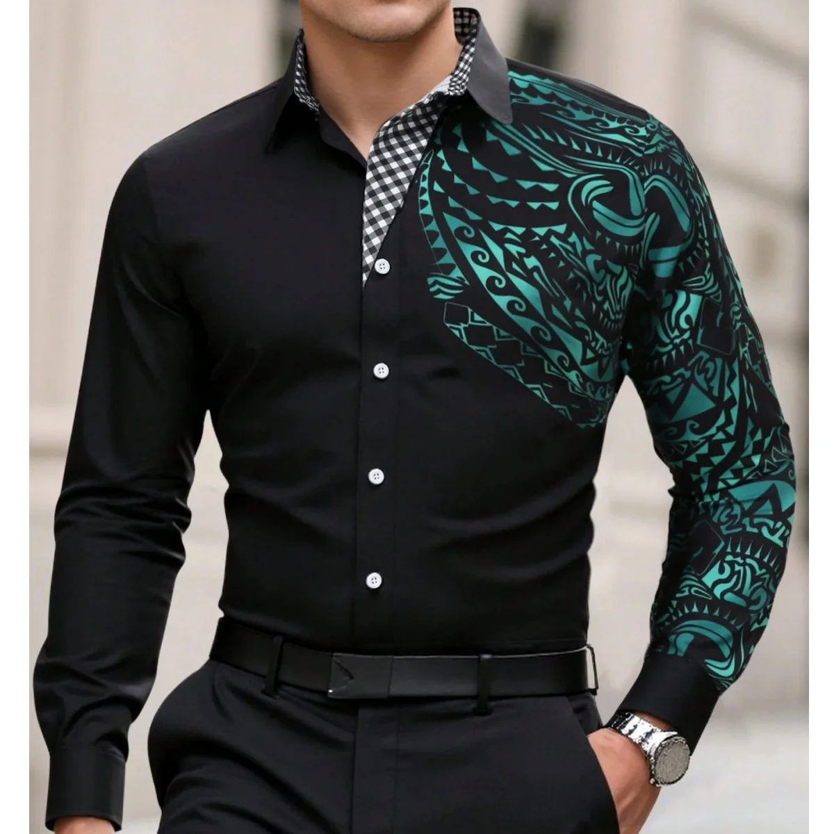 أزياء الرجال الرجعية نمط واحدة الصدر قميص 3D طباعة البوليستر أعلى الخريف عارضة تنفس قمصان طويلة الأكمام رجل الملابس