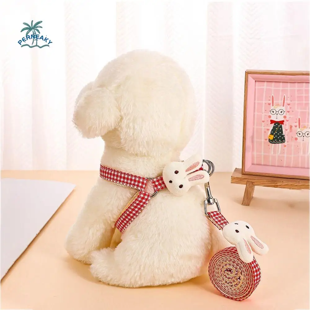 

Rabbit Doll Dog Plaid Chest Vest Cloth With Leash Rabbit Doll Dog Harness Adjustable Dog Chest Strap Kitten