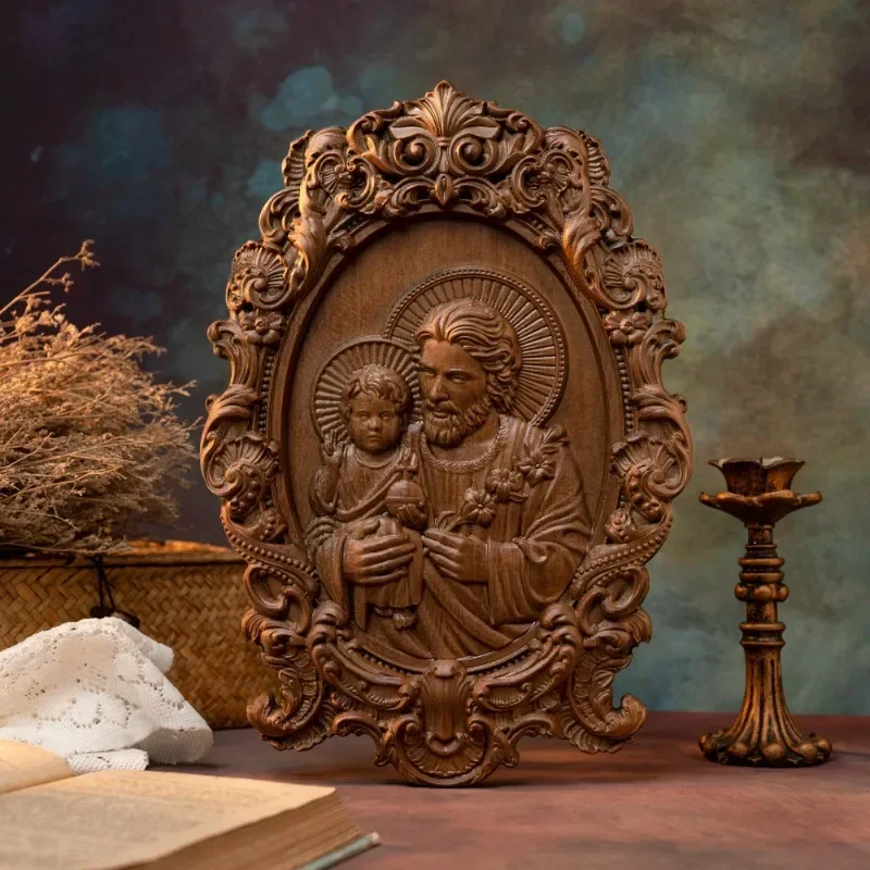 Vintage Catholic Religious Saint Joseph Wood Carving Icons Wall Art Work Figure Carving Home Decor