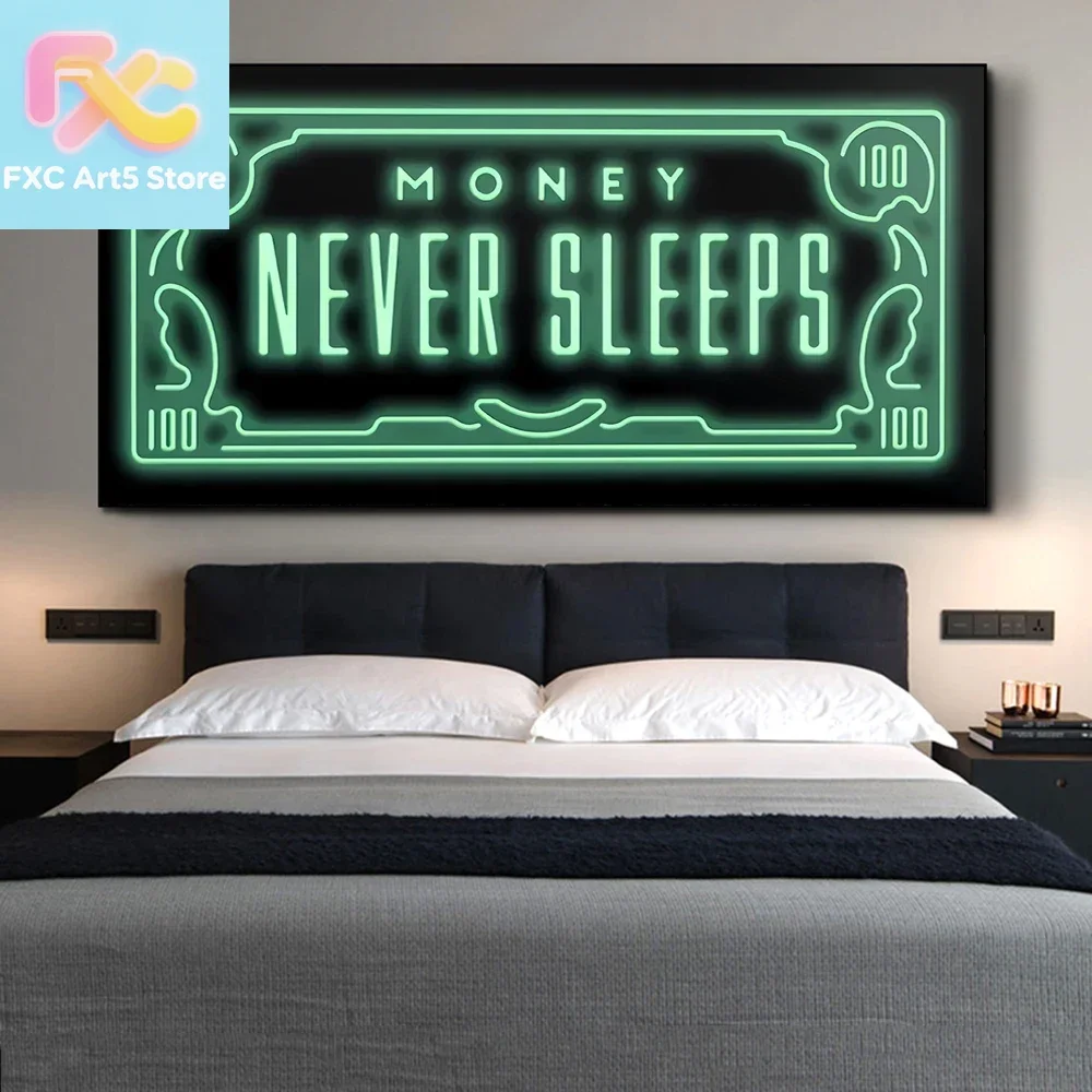1pc Frameless  Money Never Sleeps Canvas Art Posters And Prints Inspiring Phrases Abstract Paintings On the Wall Pictures Home D