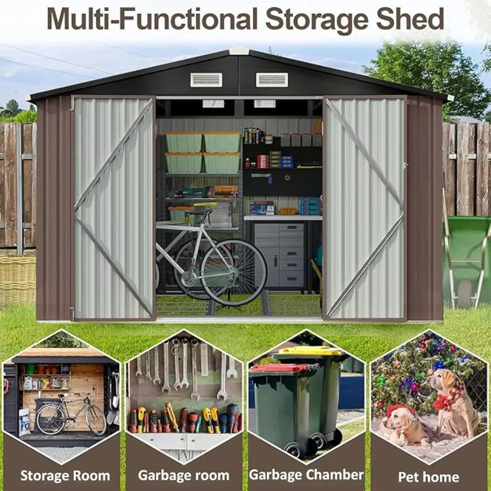 

9.4x7.3x6.5 FT Outdoor Storage Shed, Garbage Can, Outdoor Metal Shed for Tool