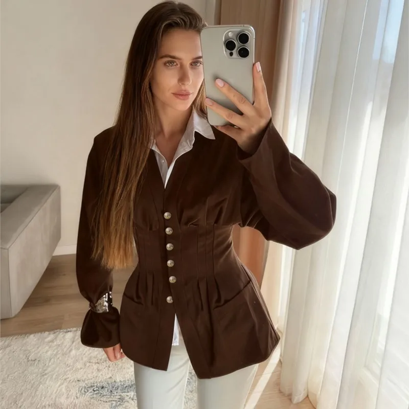 레트로 플리츠 슬림핏 허리 슬림 카디건 가을 스타일리시 디자인 여성 캐주얼 솔리드 컬러 버튼 긴팔 포켓 셔츠