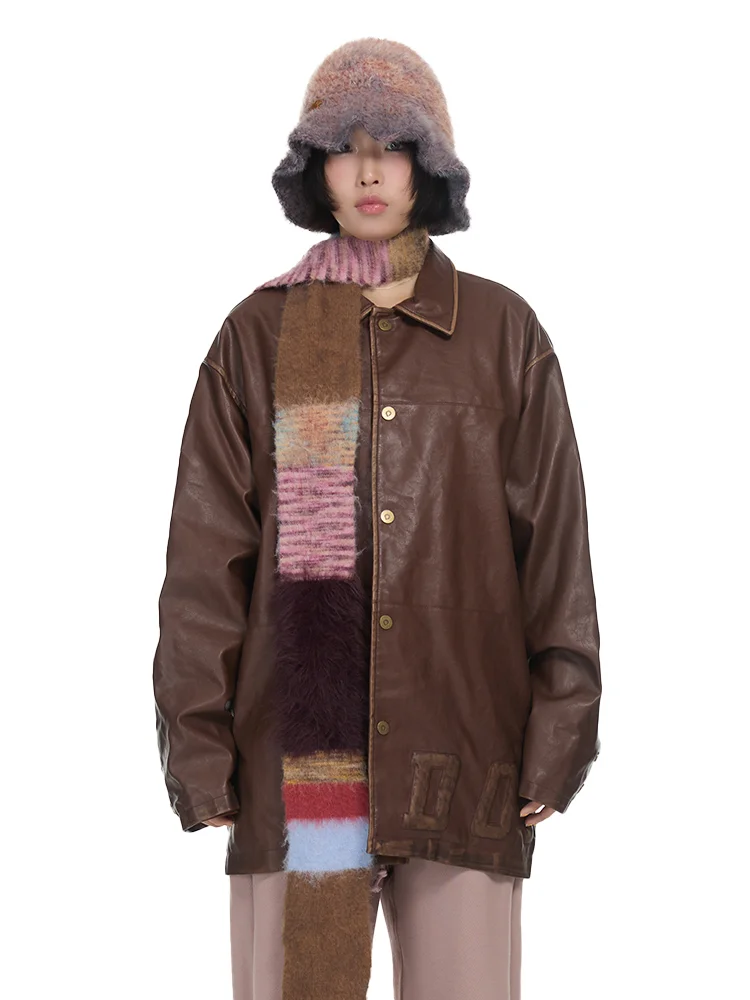 DNT Retro Amerykański Styl Neutralny Skórzany Płaszcz Vintage z Klapami Długi Średniej Długości Płaszcz ze Skóry PU dla Młodych Kobiet