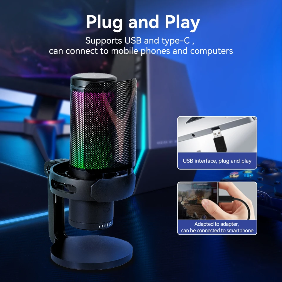 Condenser Microphone Live Broadcast Microphone with RGB Seven-color Microphone USB and Type C for Computer Game Live Streaming