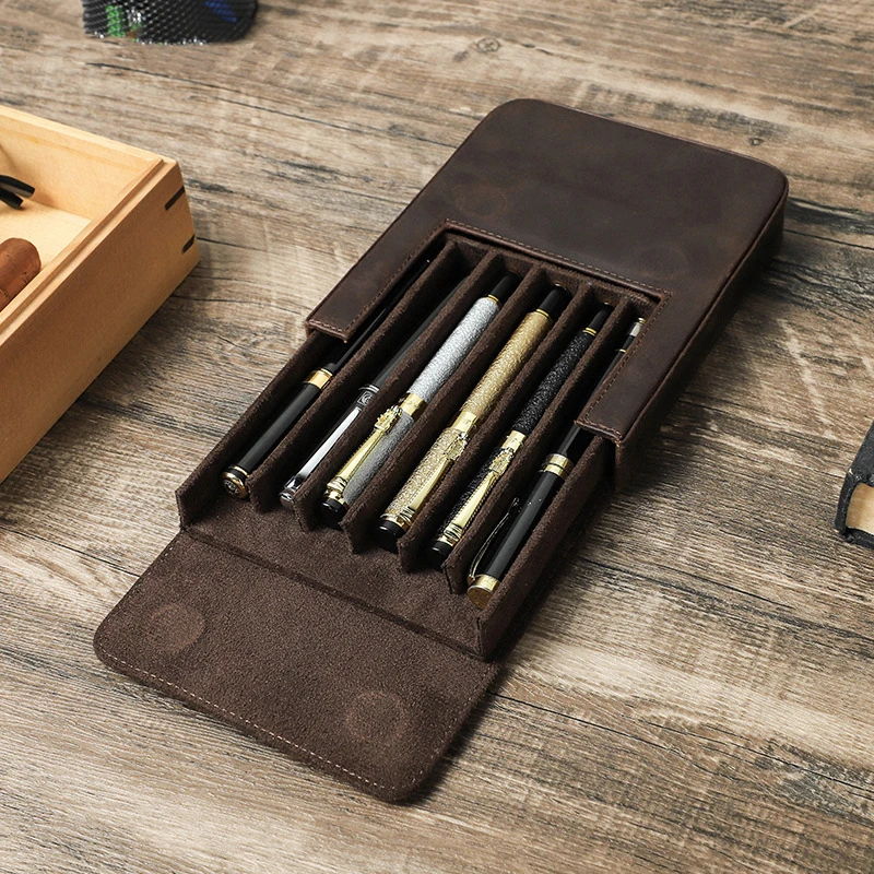 

hand-made leather cowhide pencil pen case sleeve storage bag 6pcs-slot Magnetic drawer type student office home gift