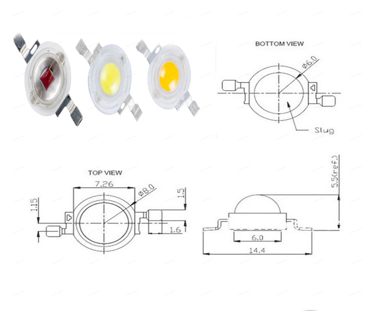 20Pcs 1W 3W  High Power LED Chip COB Warm Cool White Red Green Blue Full Spectrum 660nm 440nm Light Beads Grow Aquarium Lamp