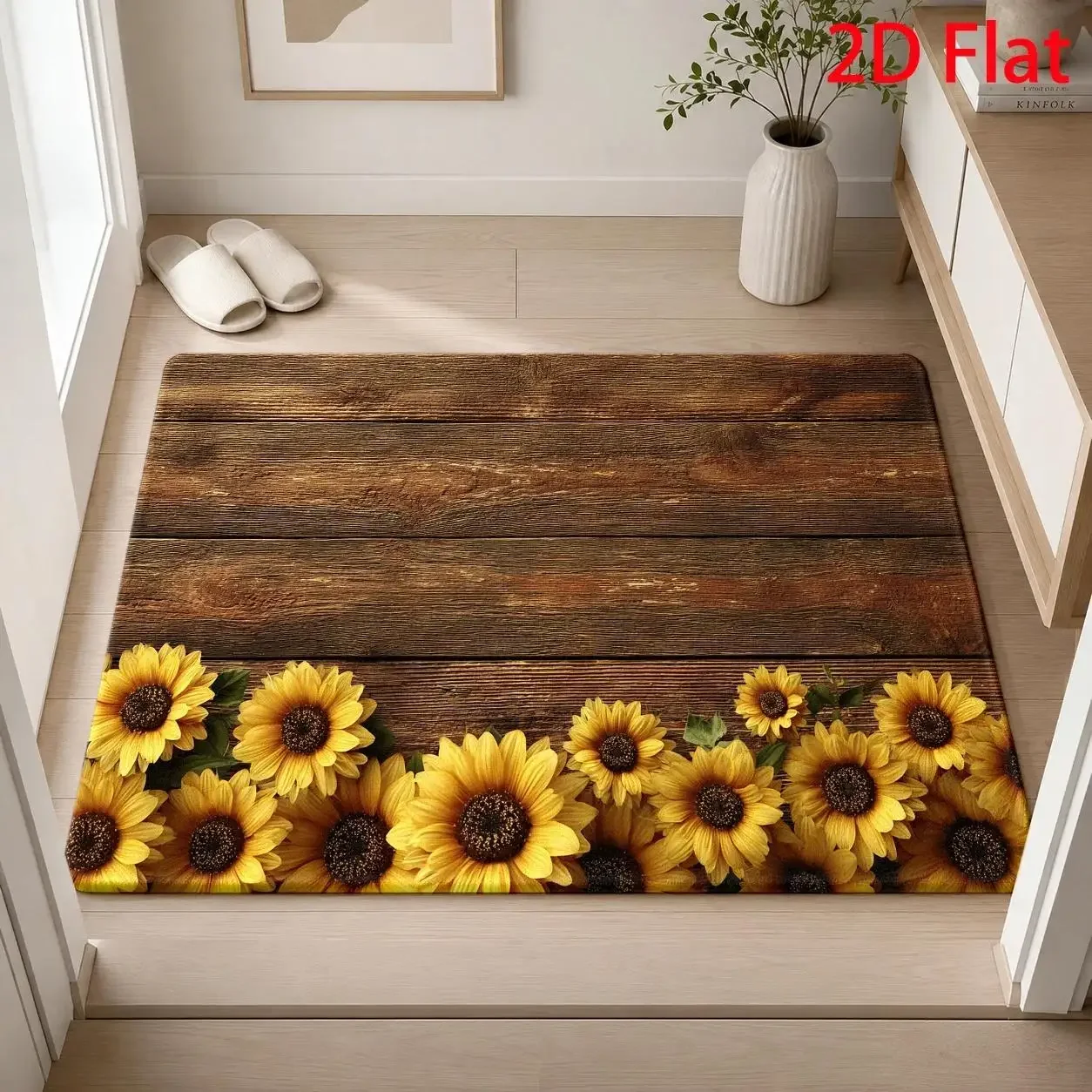 2D Flat Sunflower‑Border Themed Area Rug, Rustic Farm Painting Style, Warm Earthy Harvest‑Festival Decor,Cozy Inviting Floor Mat