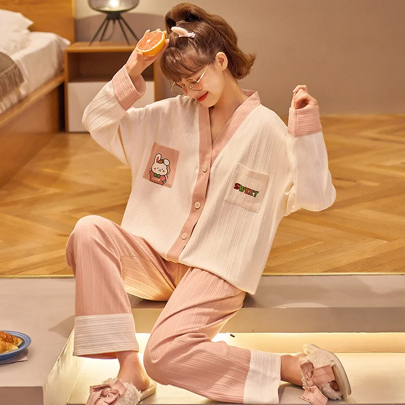 

Women New Cotton Spring Summer Sleepwear Lady Long Sleeve Pajamas Two Piece Set Loose Casual Nightwear Homewear