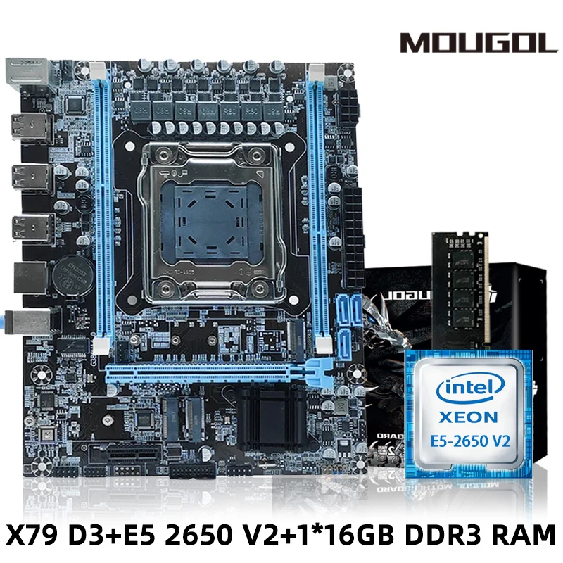 MOUGOL NEW X79 Motherboard Set Kit With Intel LGA2011 Xeon E5 2650 V2 CPU DDR3 1*16GB 1600MHZ ECC RAM Memory NVME M.2 SATA