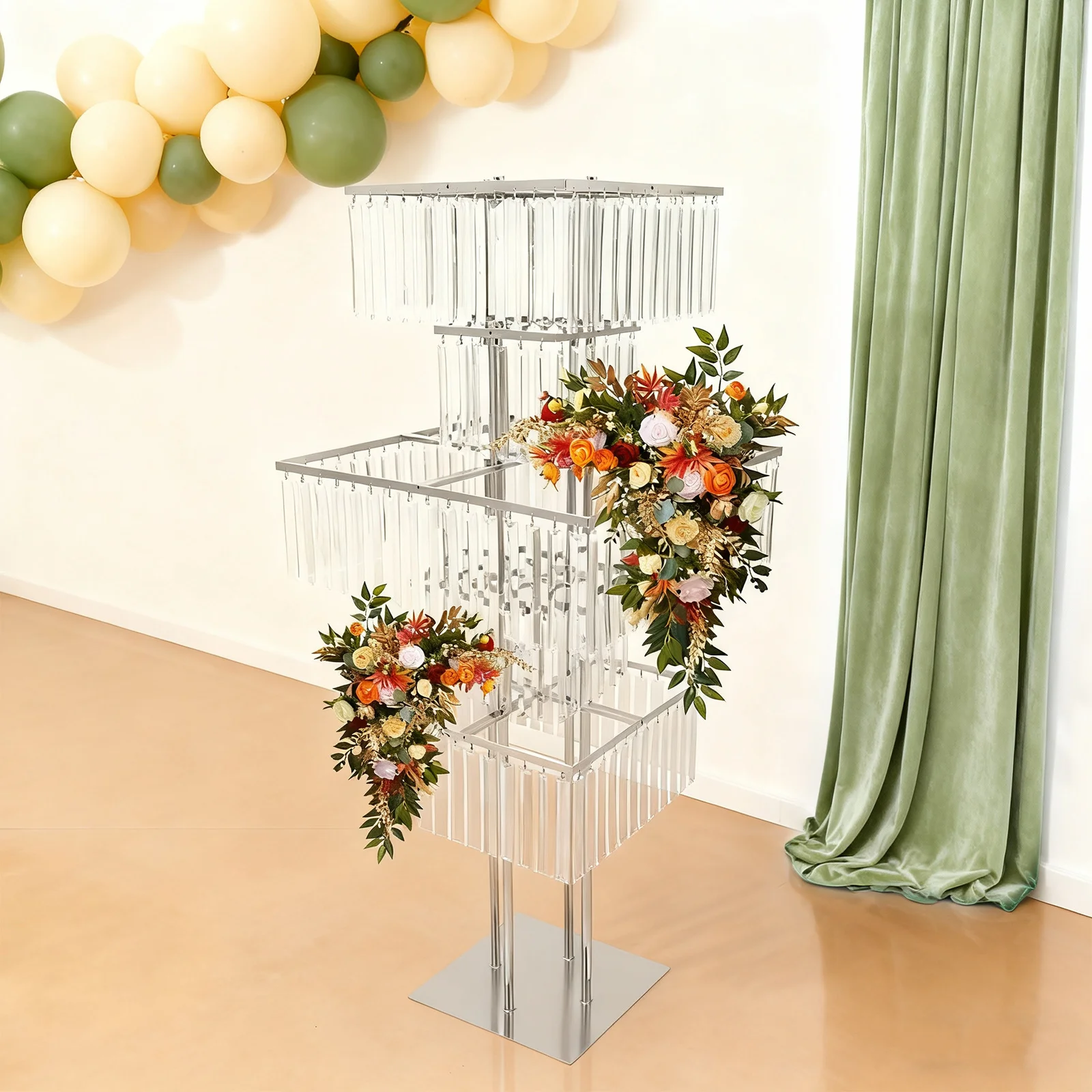 

Crystal Flower Stand, 5 Tier Crystal Wedding Flower Stand for Centerpiece, Floor Standing Acrylic Iron Display, Party Decoration, Silver