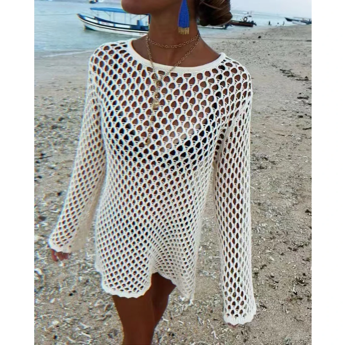 Summer Holiday Round Neck Knit Long Sleeve Casual Dress ,Beach Style Hollow Out Bikini Cover-Up With Fitted Plain Design