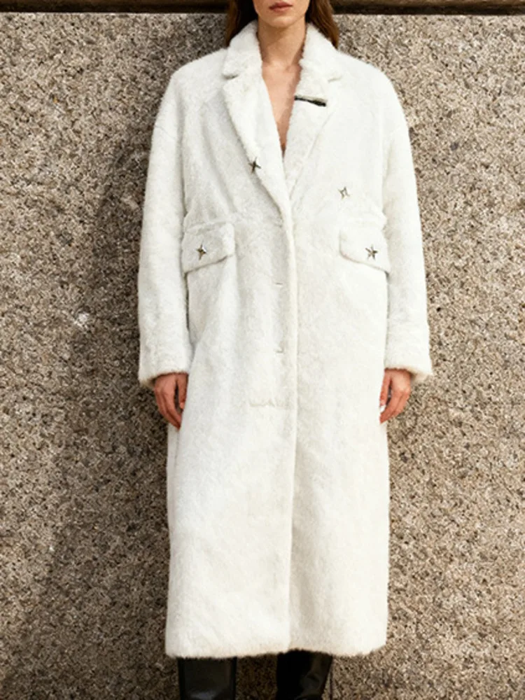 معطف نسائي طويل من ZMEENNA معطف كبير الحجم ذو طية صدر واسعة وجيوب ببرشام على شكل نجمة وشتاء أبيض ZM4505