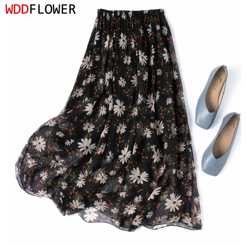 Women Silk Skirt 100% Mulberry Silk Black Floral Printed Long Type Big Hemline Skirt With Lining Summer Beach M1340