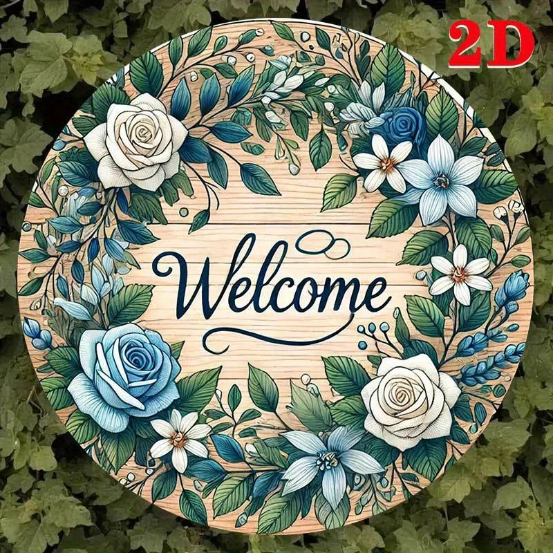 2D Flat, 1pc Round Welcome Decorative Wreath Metal Sign, Elegant Floral Design with Blue & White Roses, Aluminum Wall Art for Ho