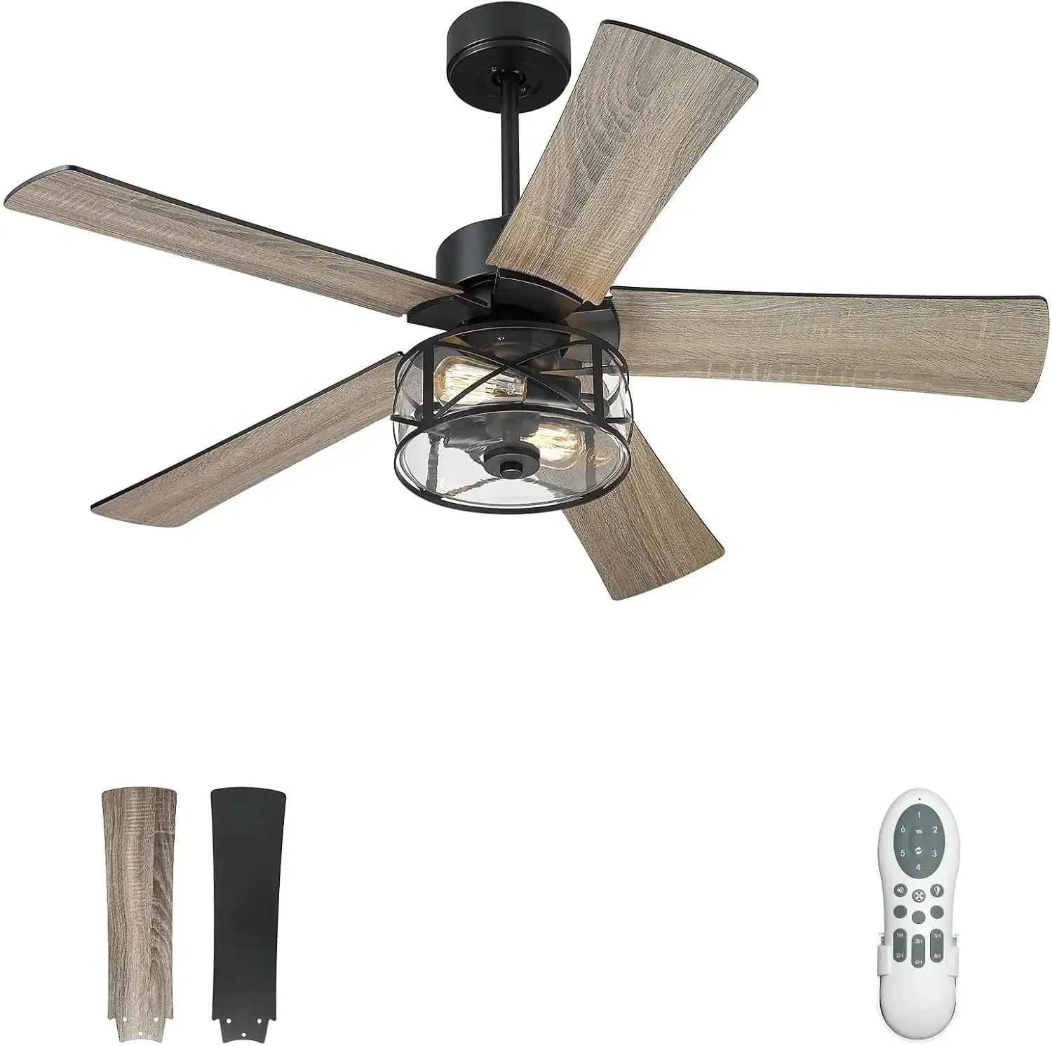 

Farmhouse Ceiling Fans, 48 Inch Industrial Ceiling Fan with Light and Remote Control, Clear Glass, 5-Reversible Blades with Matt