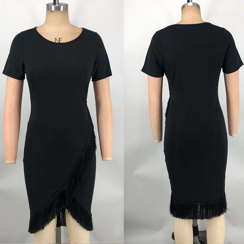 Mini vestido feminino de manga curta com camiseta decote em O, elegante vestido bodycon, vestido de festa boate, roupas casuais streetwear, vestido sólido borla