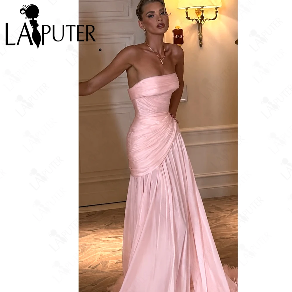 Chiffon Pink Evening Dresses Off Shoulder Wide Lapel Neck Prom Gown Ruching Chest Hips Pleat Flowing Woman Trumpet Formal Dress