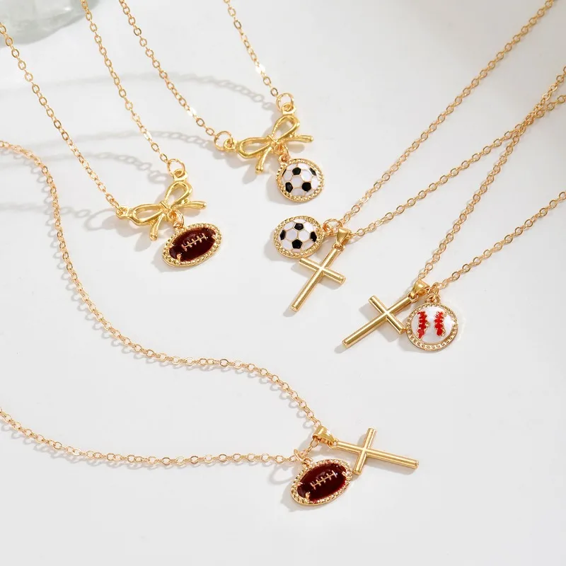 

Light luxury versatile temperament rugby sports style bow cross pendant football necklace