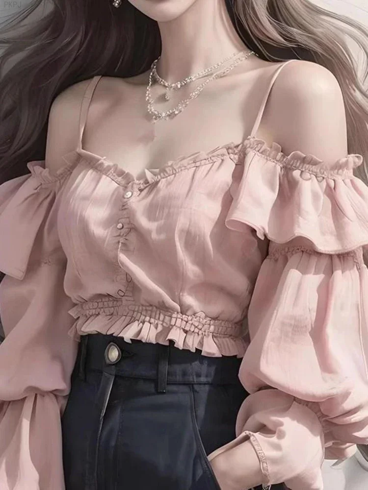 White Chiffon Korean Elegant Blouse Women 2024 Casual Fashion Off Shoulder Blouse Female Long Sleeve Designer Pretty Pink Blouse