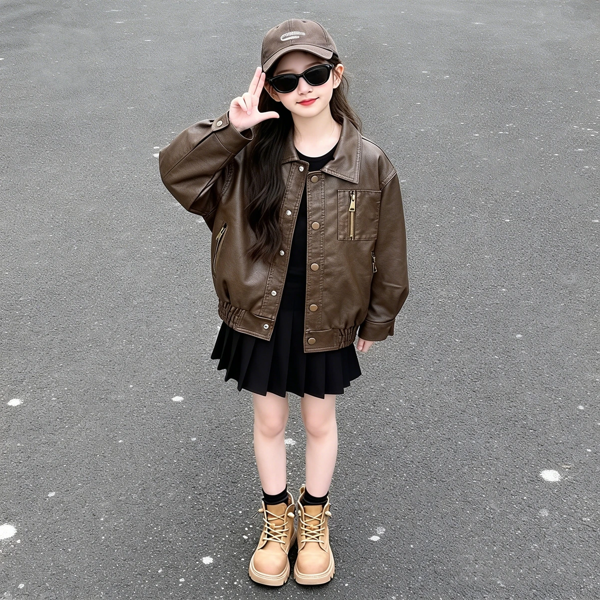 Girls Soft PU Leather Jacket Korean Style Pure Color Long Sleeve Zipper Closure Spring Autumn Soft Leather Outerwear for Kids