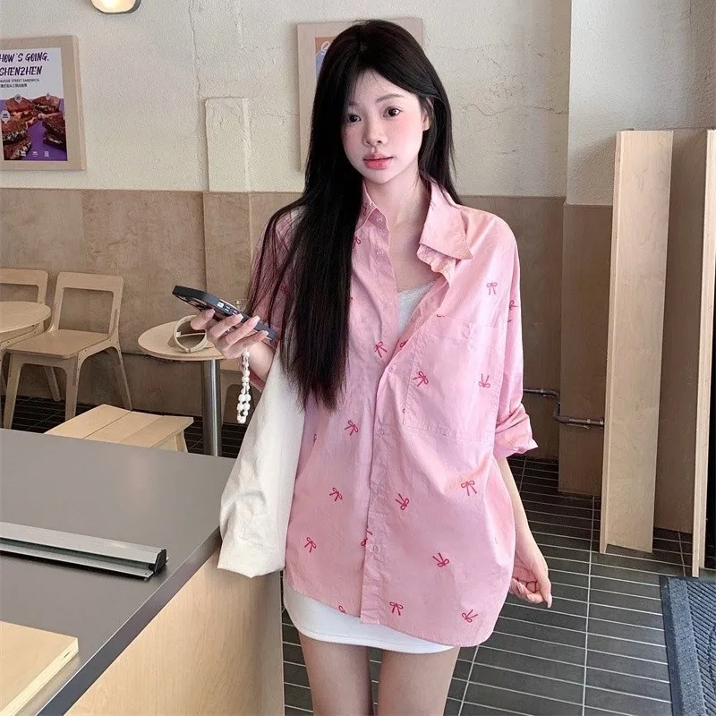 

Sweet Anti-aging Sun Protection Shirt Women's Jacket 2026 Spring/summer New Style Fashion Pink Bow Print Long Sleeved Loose Top