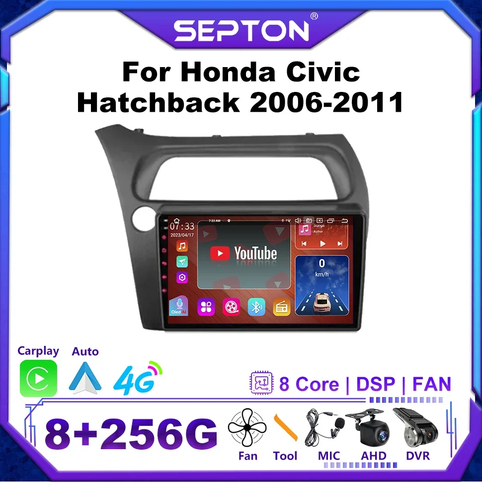 

Автомобильная стереомагнитола SEPTON для Honda Civic Hatchback 2006-2011, мультимедийный плеер CarPlay Navi GPS 4G WIFI Android 12 2Din, Авторадио