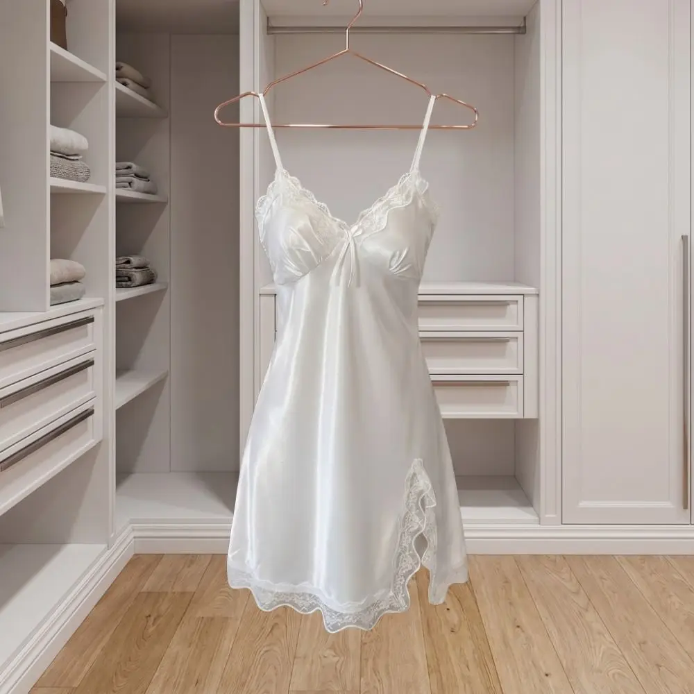 

Homewear Female Sleepwear V-neck Nightgown Lingerie Dresses Soft Suspenders Nightdress Ice Silk Slit Satin Sleepwear Night Gown