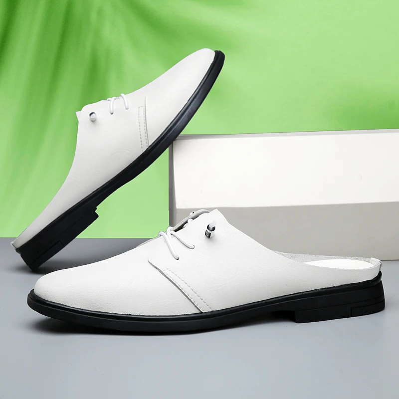 Summer New Men Fashionable Half-heeled Leather Shoes Black White Flat-heeled One-foot Comfortable Breathable Brand Shoes 37-47