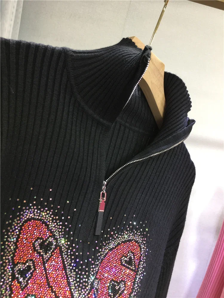 Fashion Autumn Winter Zip Stand Collar Women Sweaters Cute Cartoon Hot Drilling Long Sleeve Knitted Top Stretch Slim Basic Shirt