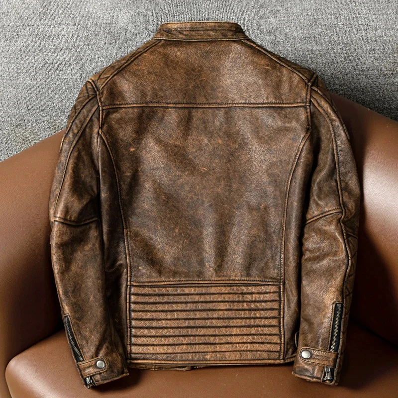 Shop.2025 Brand vintage brown cow leather jacket.Moto Rider quality real coat,Sales Men cloth