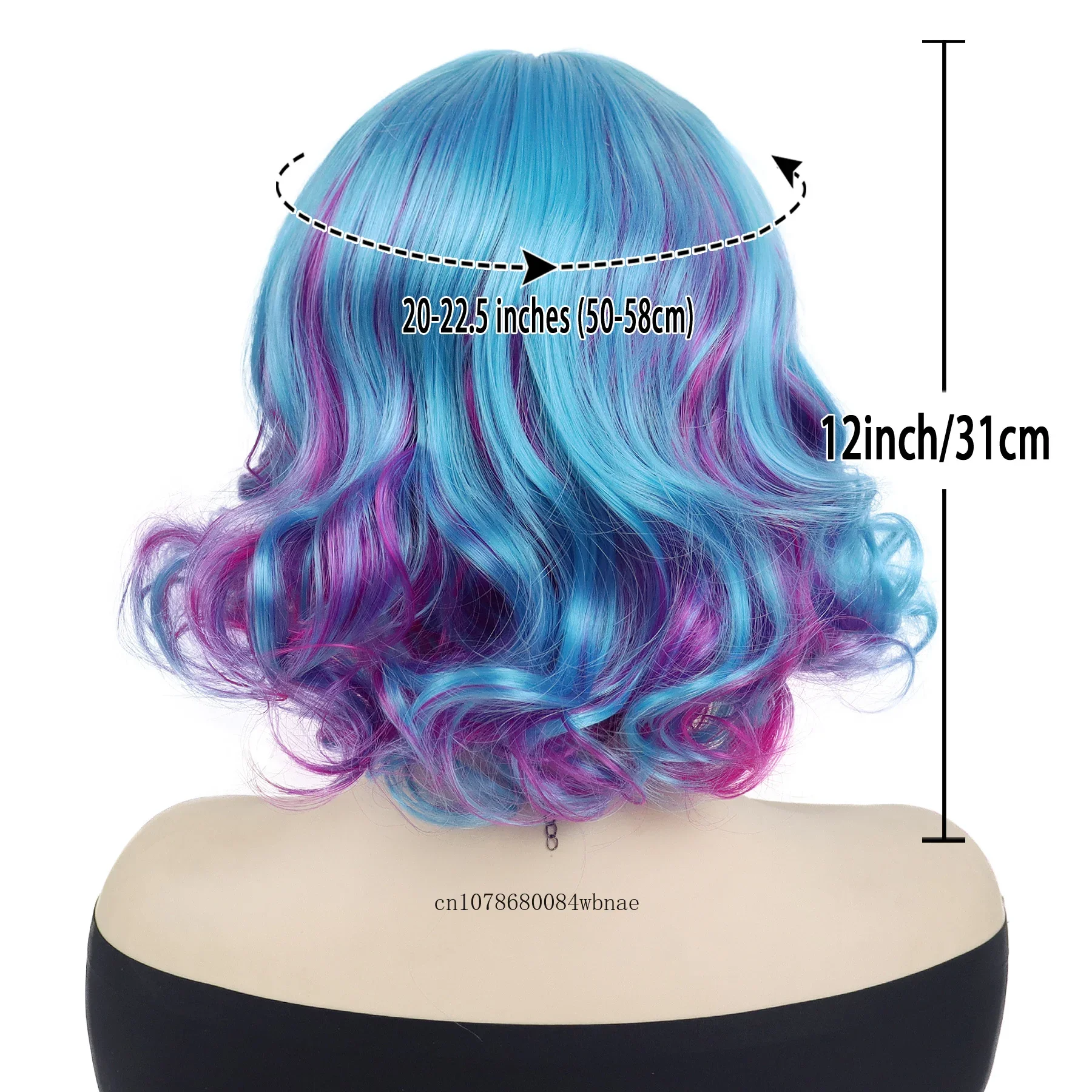 Blue Mixed Pink Wig Synthetic Hair Short Curly Wigs with Bangs for Women Ladies Heat Resistant Daily Party Cosplay Halloween