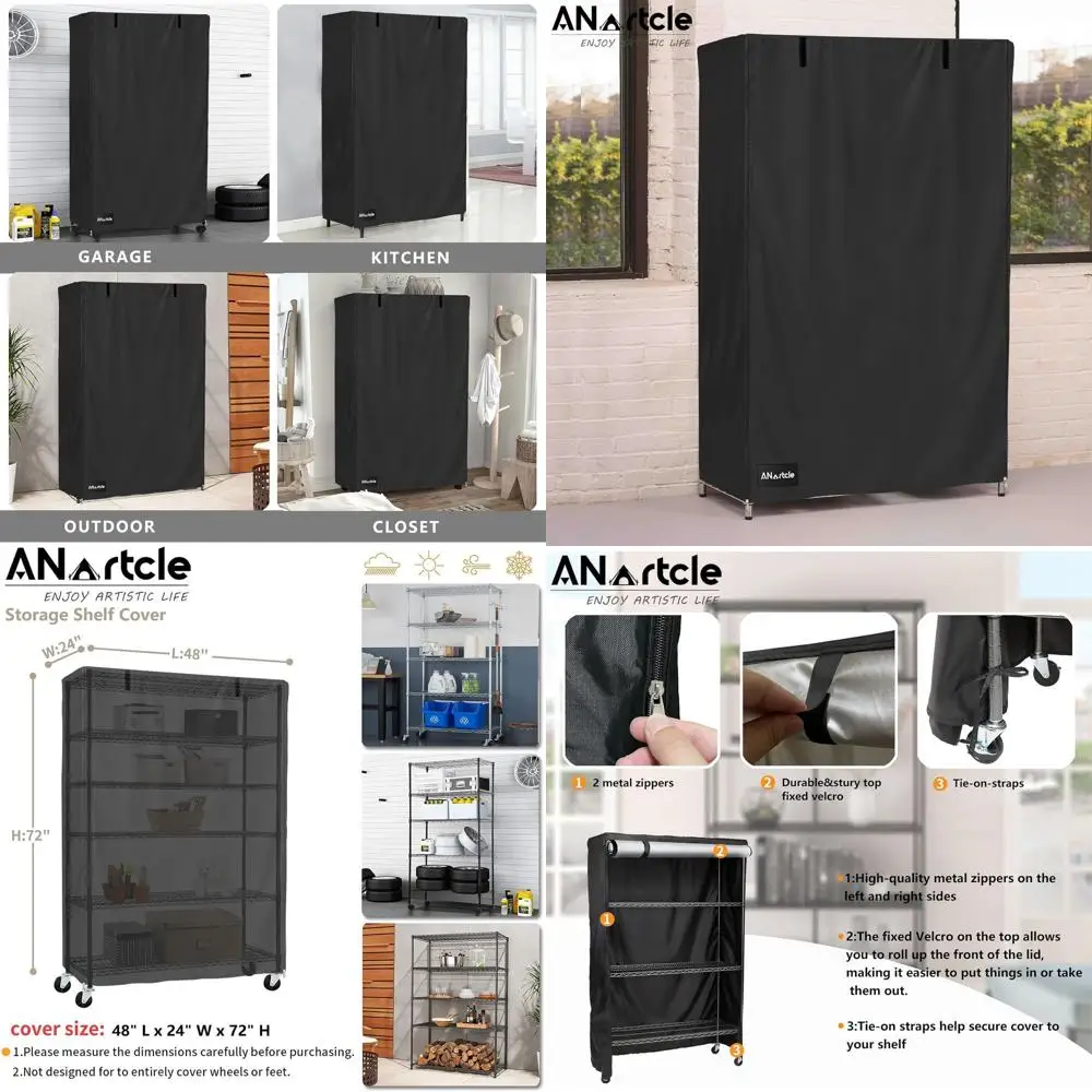 

5-ярусный регулируемый стеллаж повышенной прочности, 48 дюймов (длина) x 24 дюйма (ширина) x 72 дюйма (высота), черный, с водонепроницаемым и пылезащитным чехлом