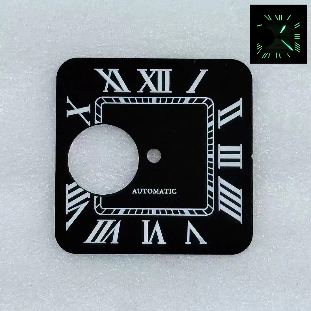 27mm No Logo Round Hollow Square Roman Numeral Green Lume Dial Suitable For Seiko Santos Cartier NH70/38 Movement Case Mod Parts