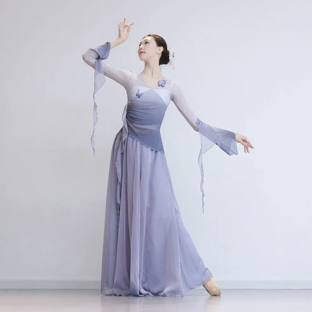 Adult classical dance Han and Tang style purple chiffon dance dress elegant big swing sleeves art test practice clothes