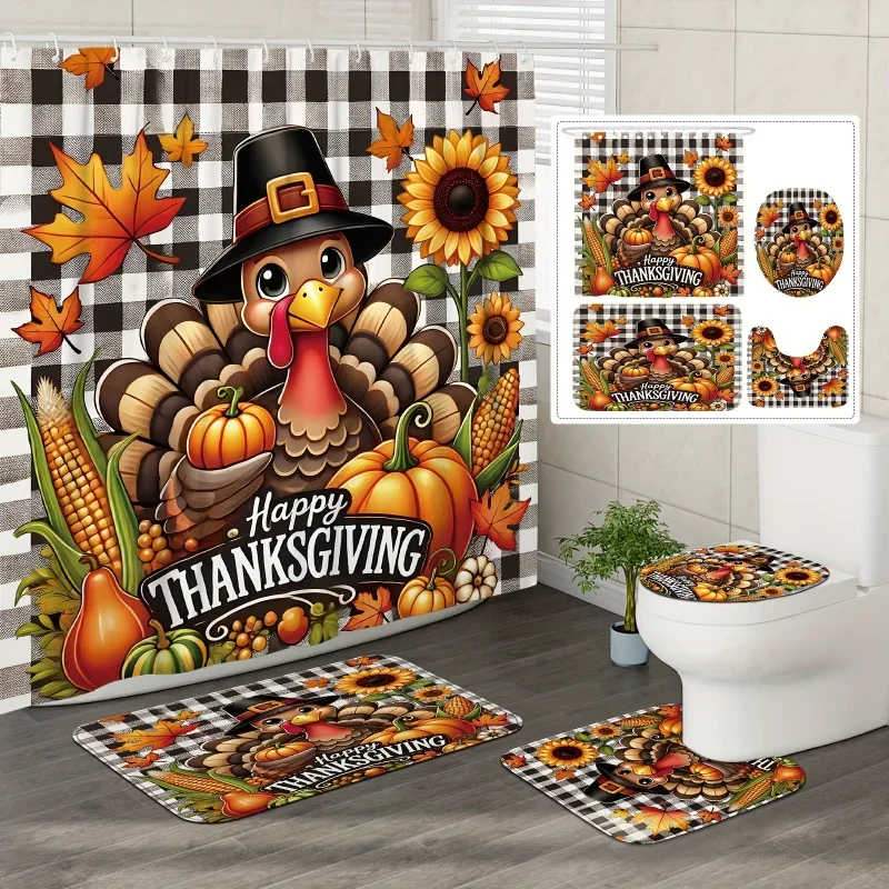 1/4pcs Thanksgiven Fall Set Turkey Sunflower Maple Pumpkin Farmhouses Harvest Burnt Orange Shower Curtain Waterpr