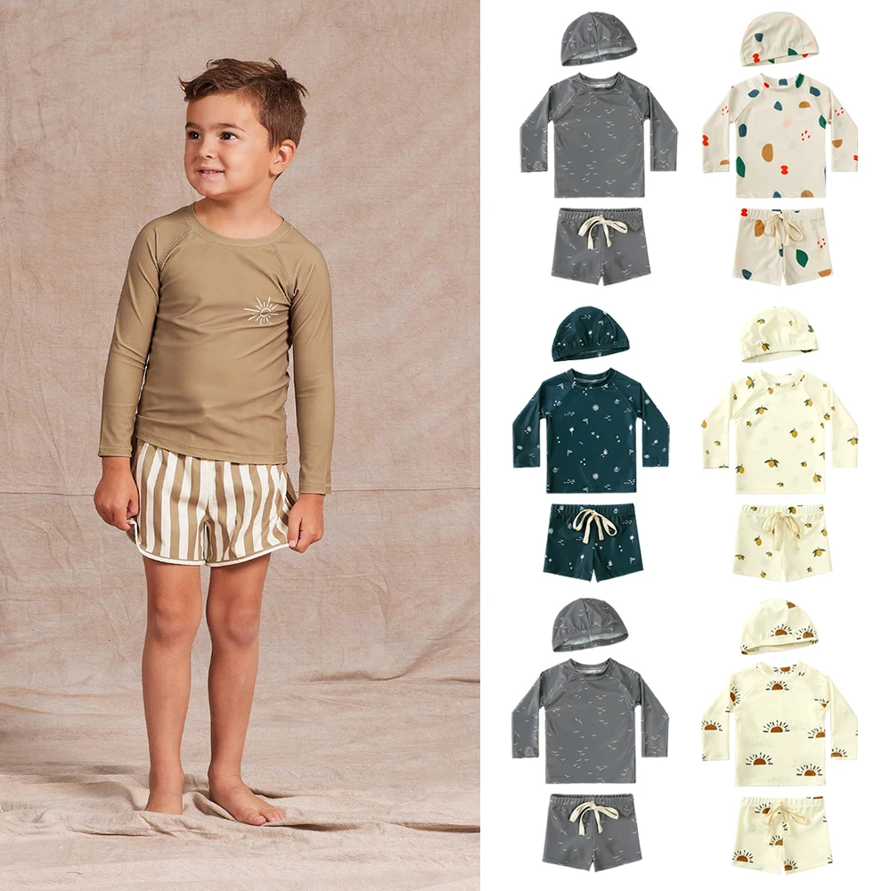 

2025 Summer Kids Boys Girls Swimwear with Cap Toddler Swimsuit Sunbathing Diving Beachwear Infant Bathing Suit Swimming Clothes