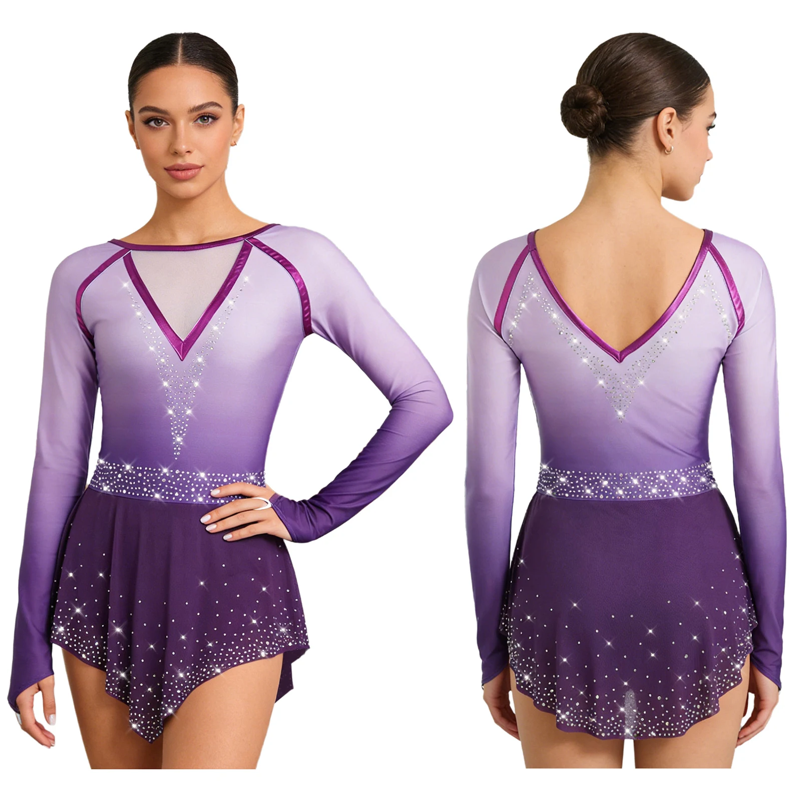 Women Figure Skating Leotard Dress Long Sleeve Shiny Rhinestone Mesh Gradient Ballet Gymnastics Acrobatics Lyrical Dance Dresses