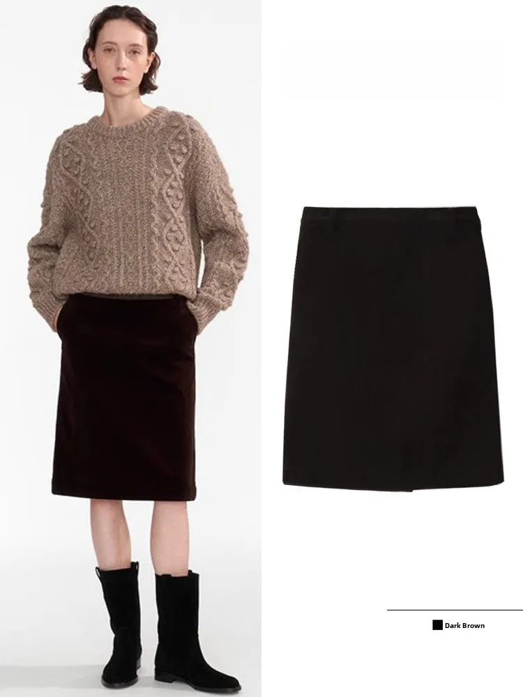 High Waist Casual Corduroy Midi Skirt for Women Spring New Style Korean Version Cotton Pocket Design Straight Cut Skirt