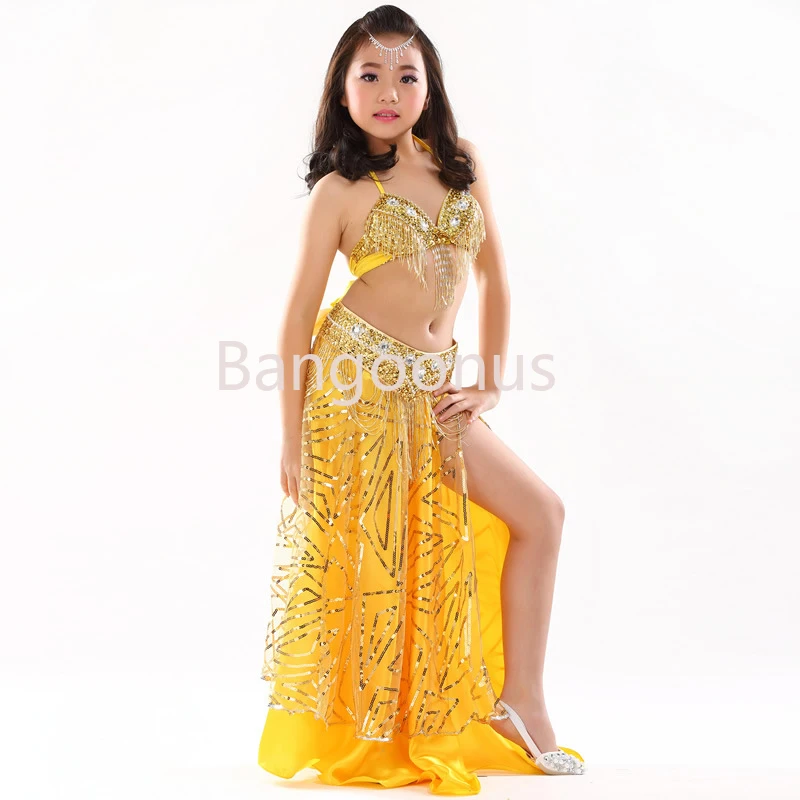 

New Arrival Children Belly Dance Performance Costume 3 PCS Set Beaded Bra Belt Skirt More Colors Kids Girls Dancing Clothes #830