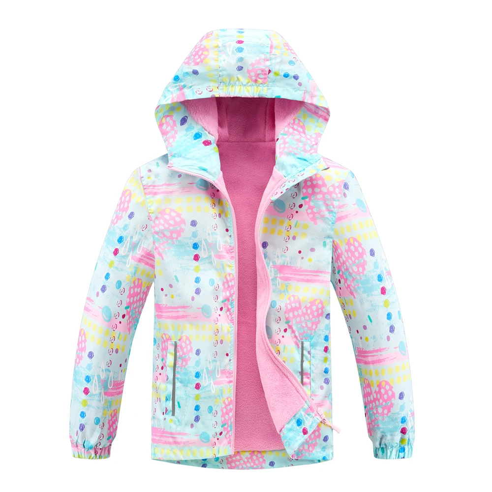 Autumn Children Plush Lined Windproof Coats 4-12T Spring Girls Full Sleeves Hooded Outer Jackets Pockets Elastic Cuffs Outerwear