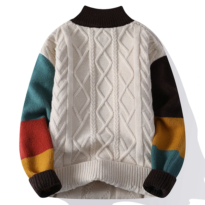 Men's Designer Original Color Block Jacquard Half-Zip Mock Neck Knit Sweater Cable Pattern Warm Anti-Pilling Autumn Winter Men's
